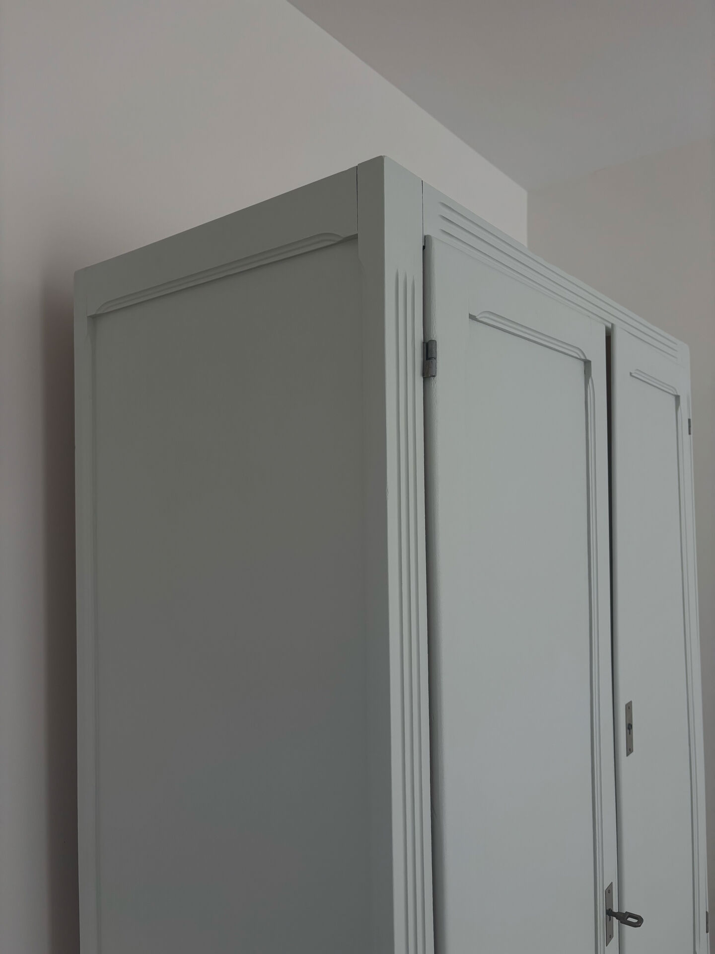 Art Deco wardrobe with shelves and drawers, renovated wood.