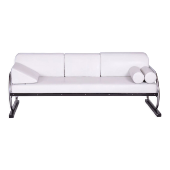 Restored Bauhaus White Leather Tubular Chrome Sofa, Robert Slezák, 1930s