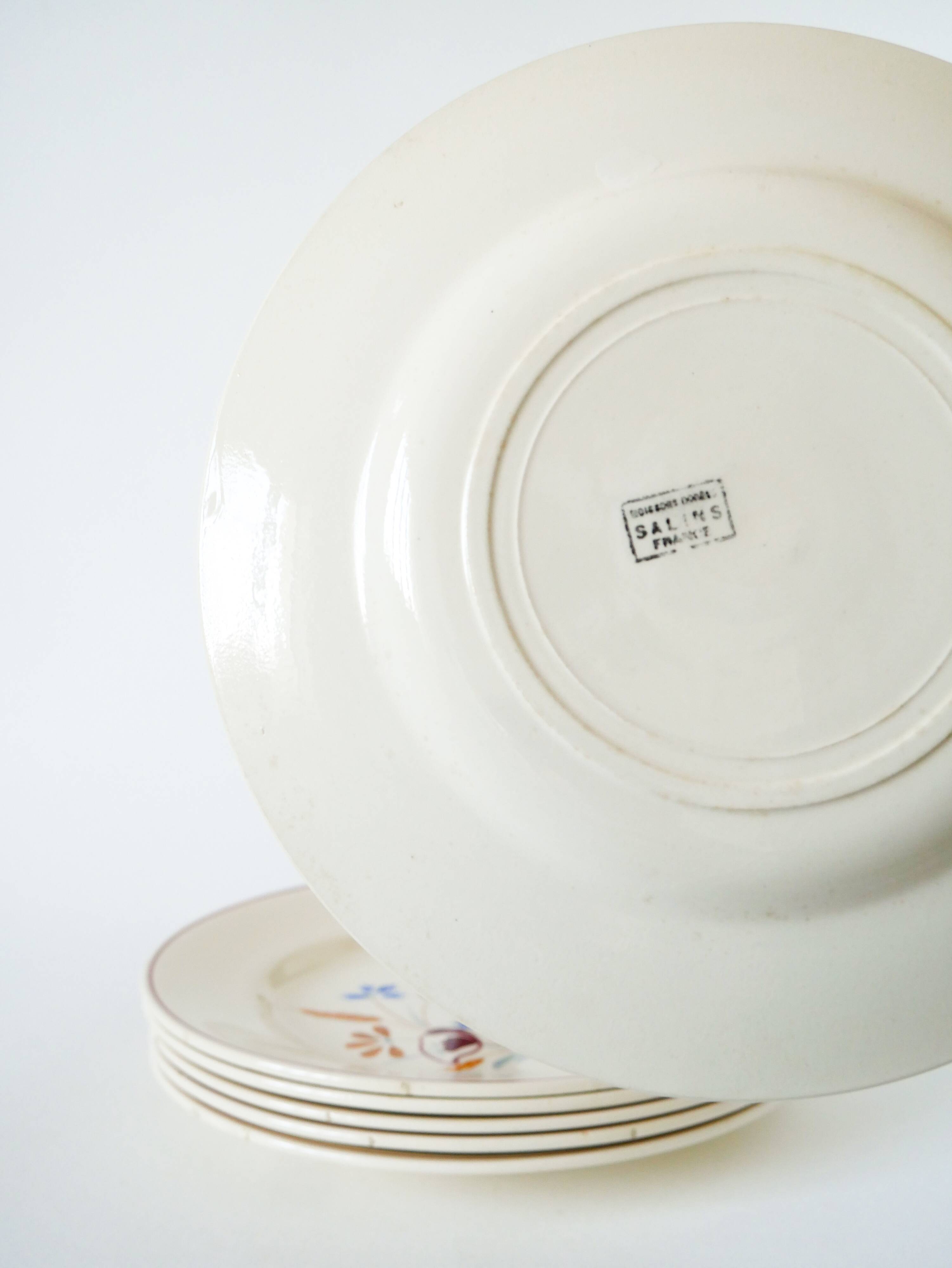 Set of 6 flat plates Salins, hand-painted flower patterns, 1950.