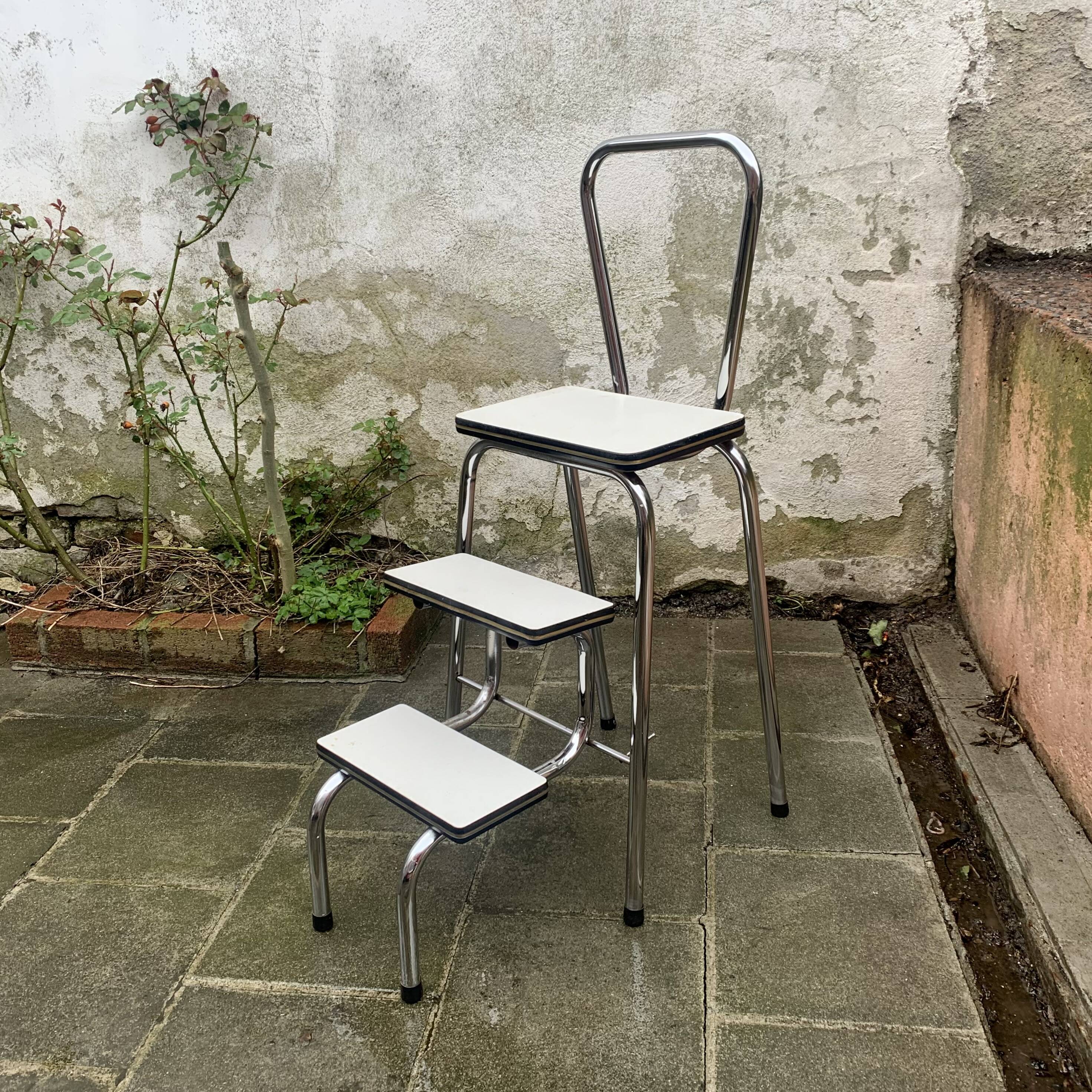 Vintage stepladder in Formica, wood and chromed metal