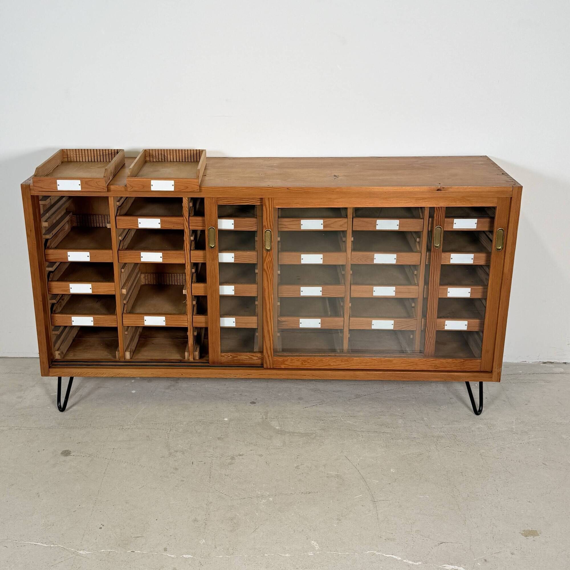 Vintage German Pine Sideboard / Sorting Cabinet with 24 Drawers & Glass Sli