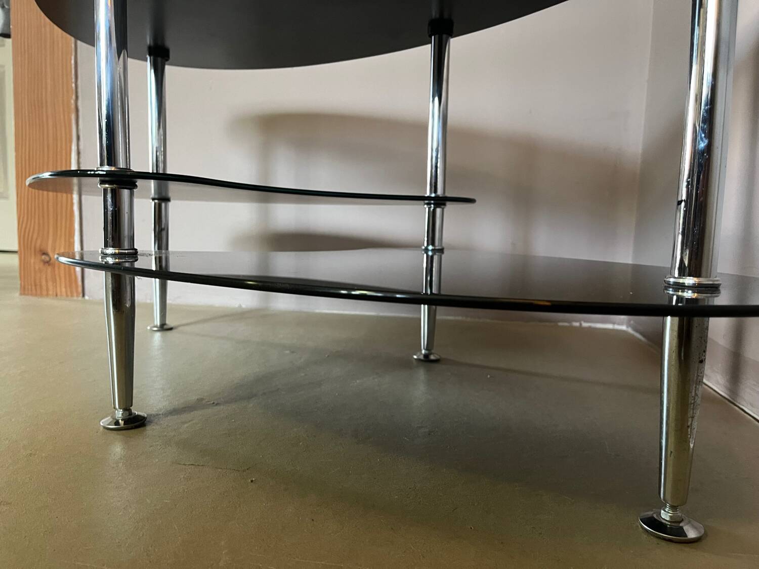 Vintage triple coffee table with smoked glass and chrome top