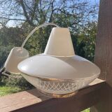 Space Age saucer pendant light, 1950s chandelier, in white and gold glass