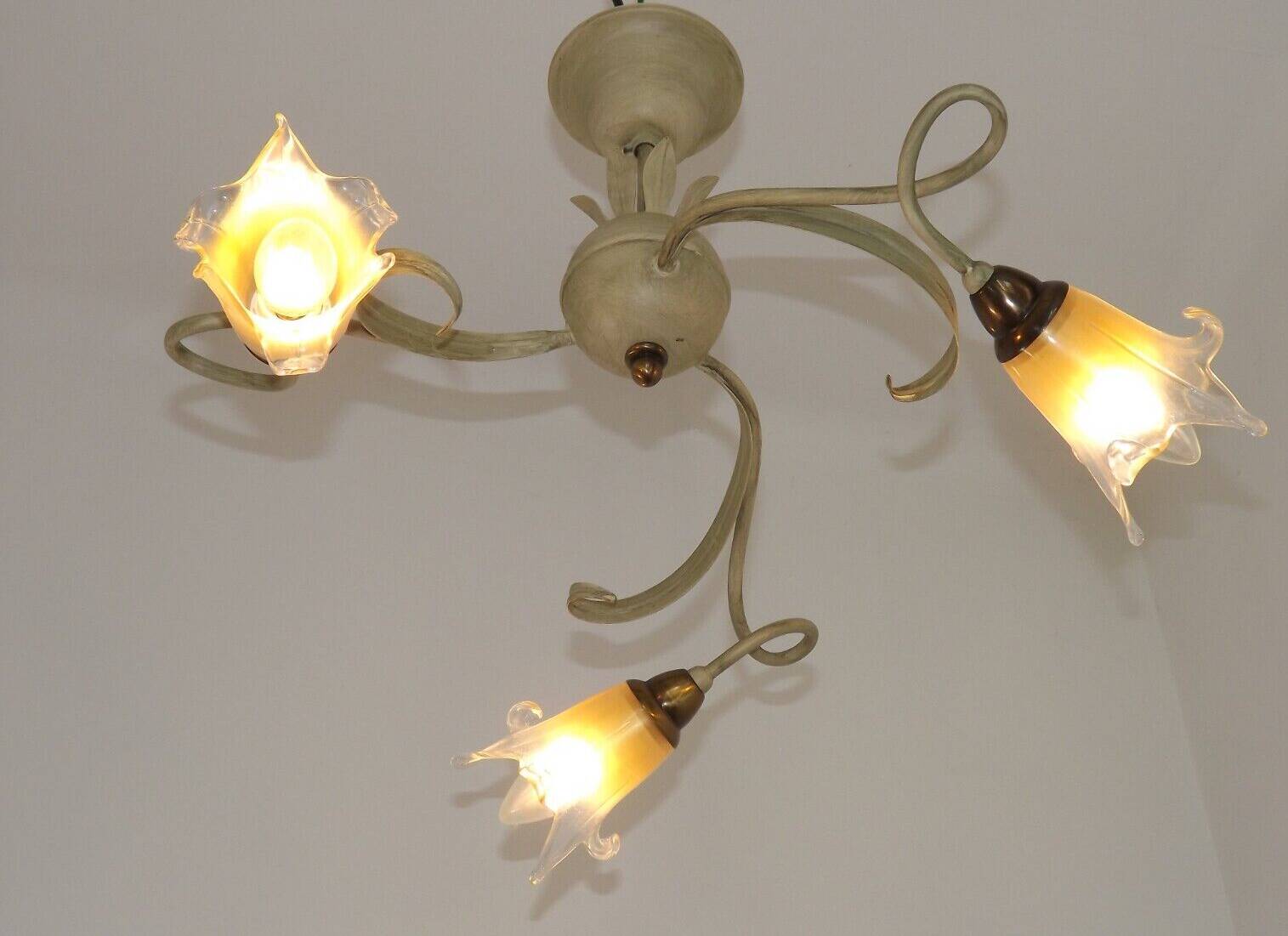 Stunning Italian Vintage 3 Light Tole Chandelier with Blown Glass Shades 4646