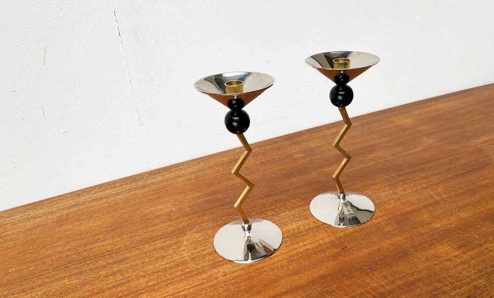 Italian postmodern metal candle holders, 1980s, set of 2