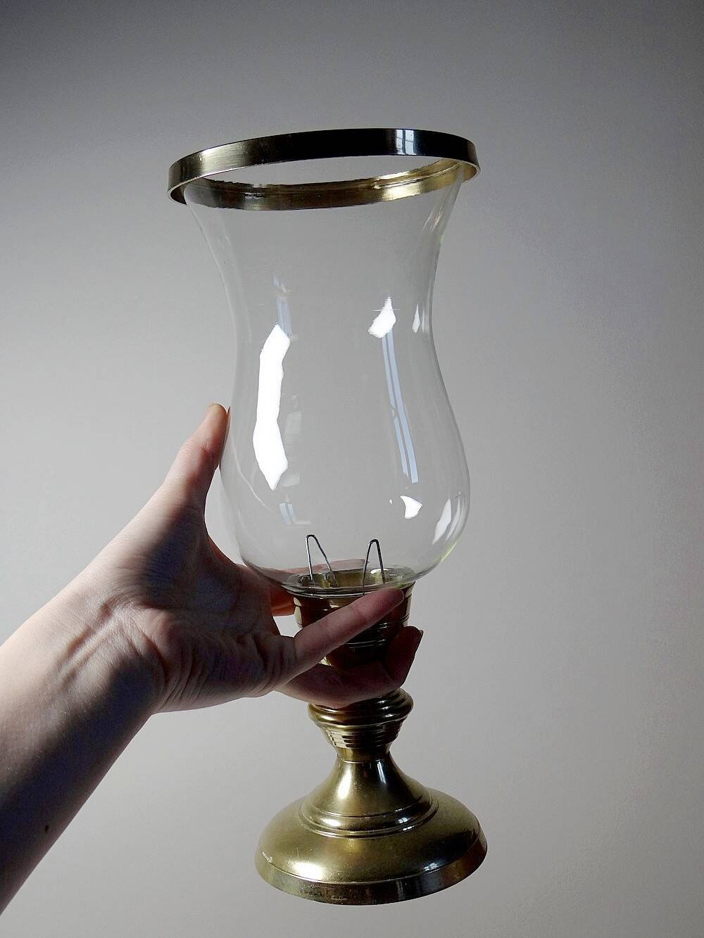 Pair of large vintage glass and gold metal tealight candle holders