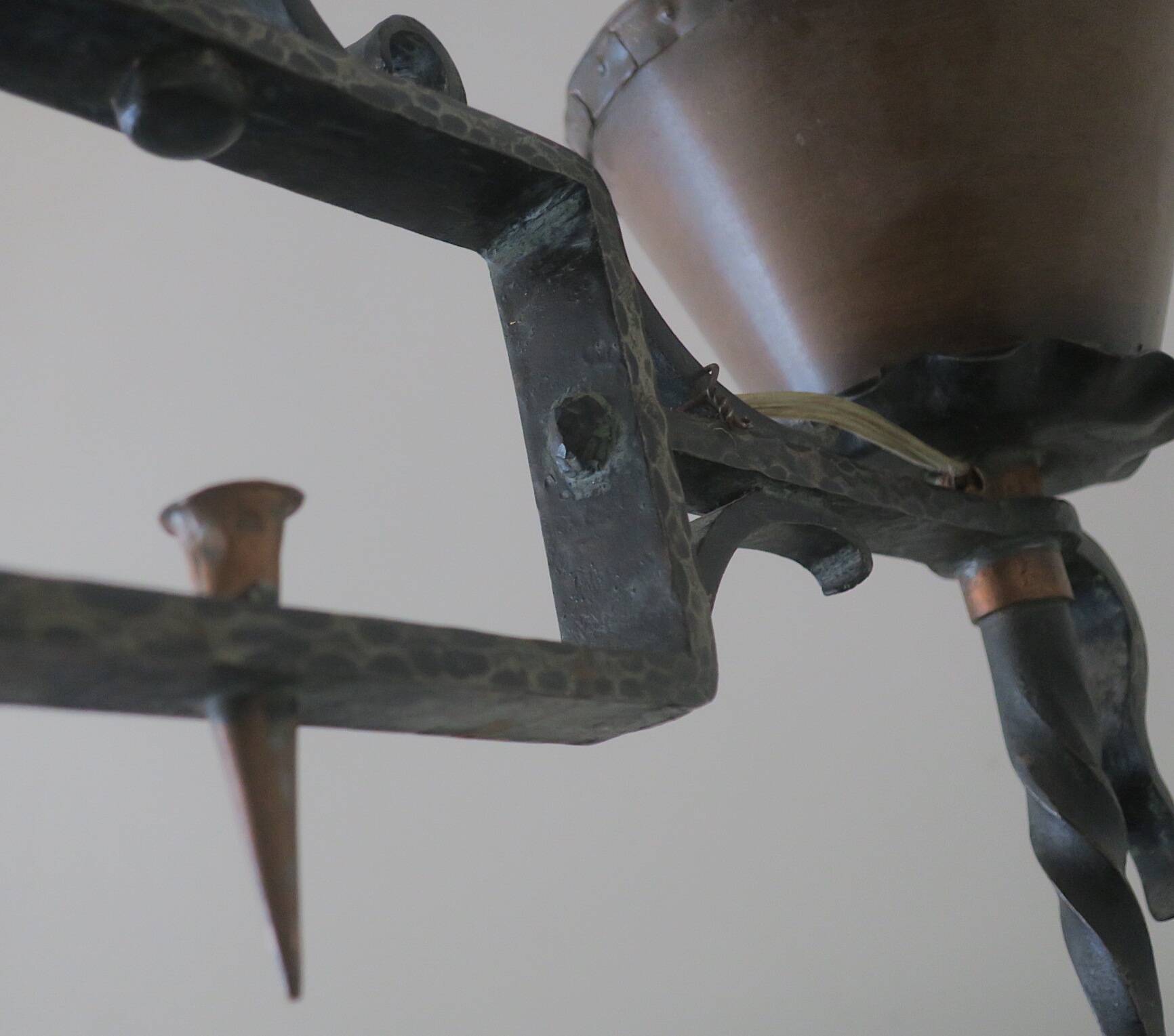 Brutalist wrought iron and copper 2-arm chandelier, 1960s