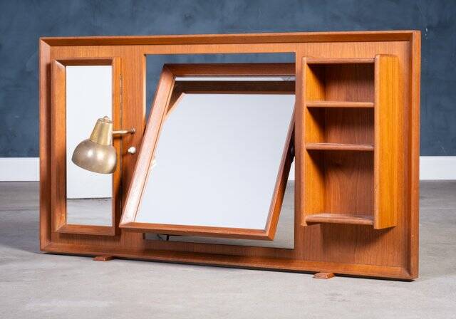 Vintage Free-Standing Teak Mirror with Lamp, 1960s
