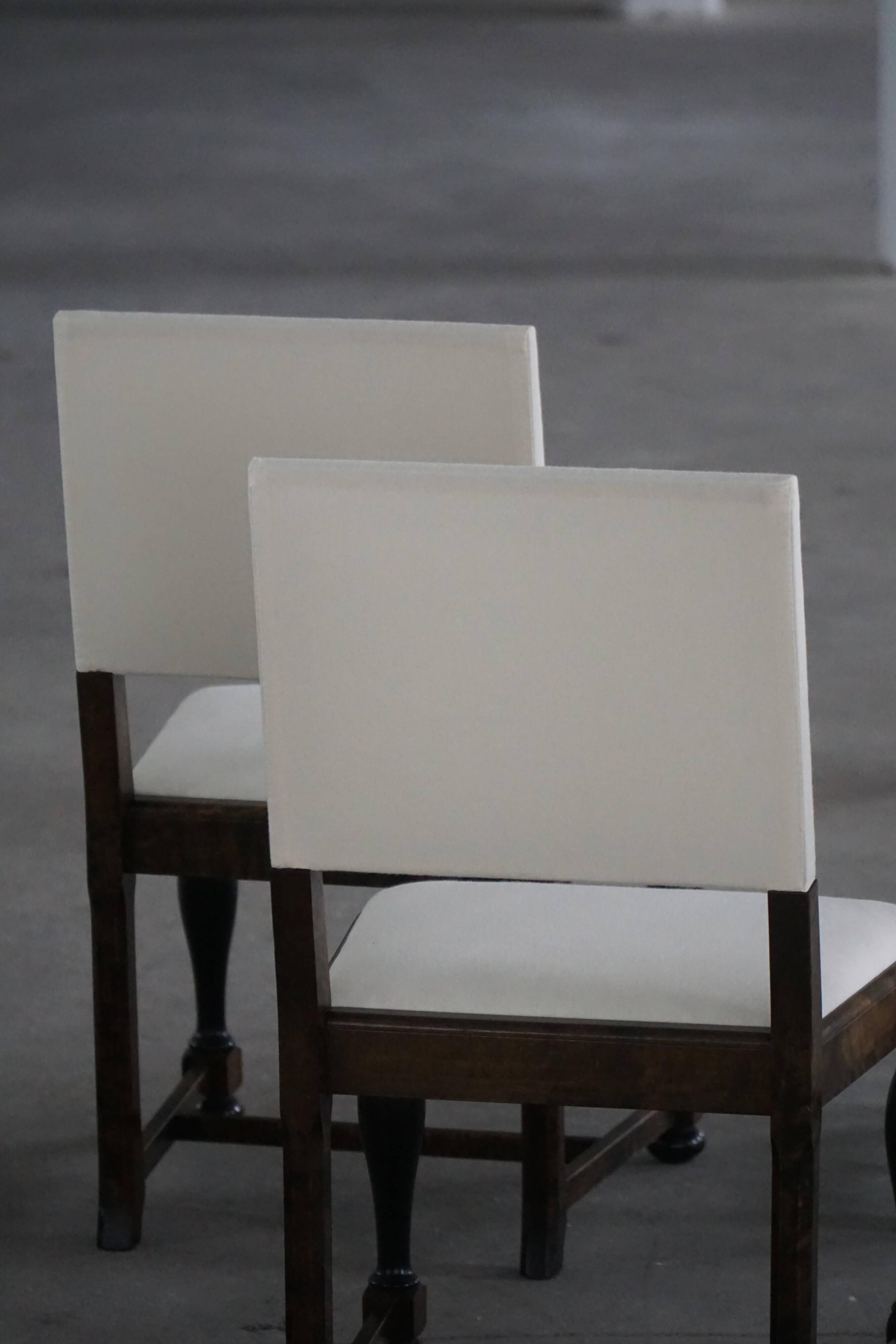 Set of 6 Swedish Grace dining chairs in birch with new upholstery, 1920s.