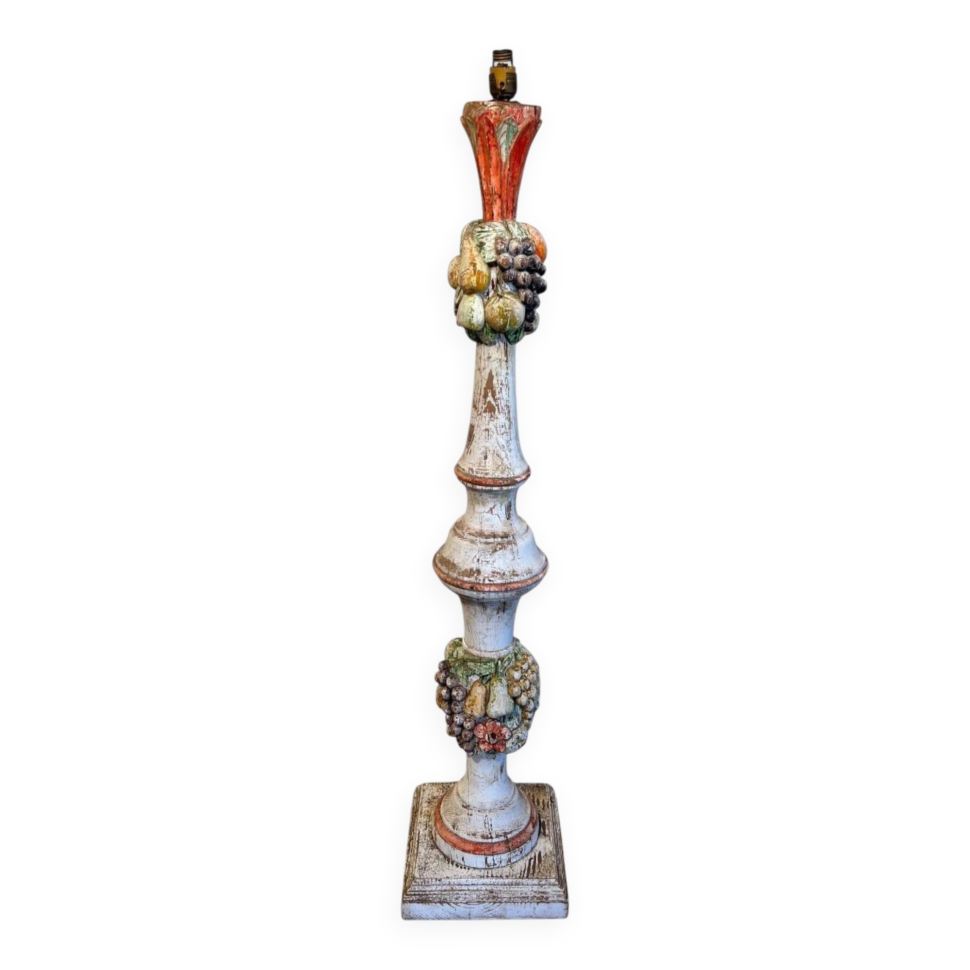 Lampadaire Balustre en Bois Sculpté Polychrome à Grappes de Fruits. Travail