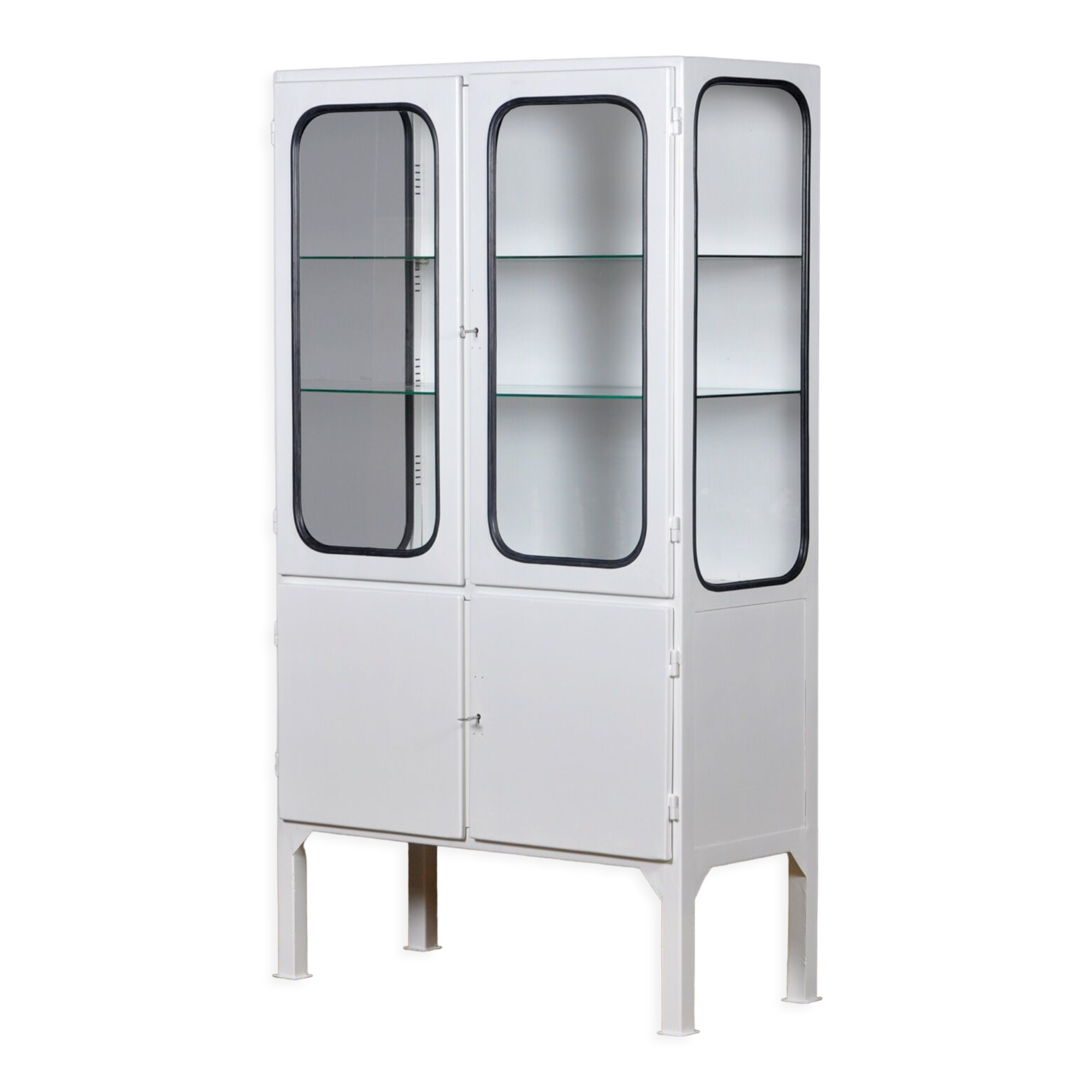Restored glass & iron medical cabinet, 1970s