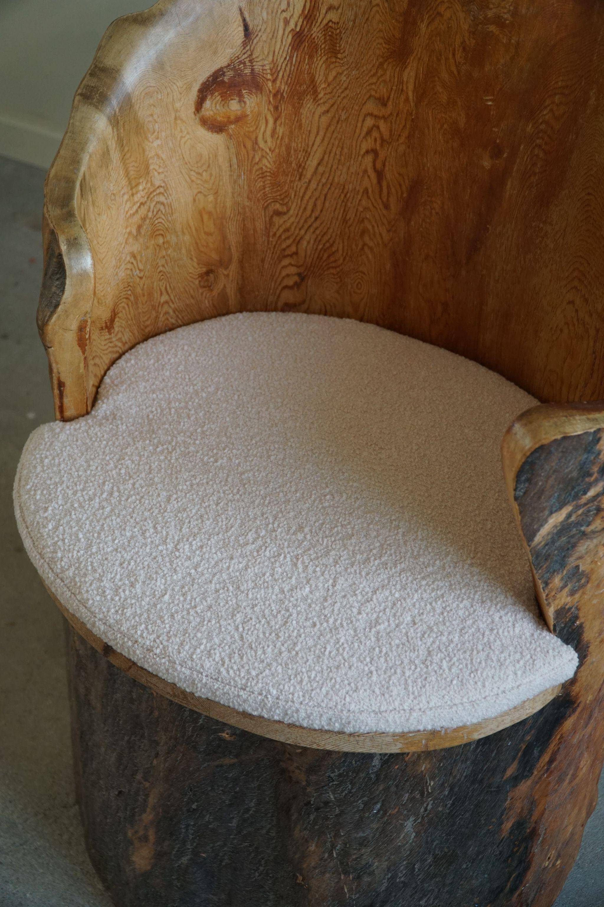 Sculptural brutalist armchair handcrafted in solid pine, Wabi Sabi style, Sweden, 1970s.