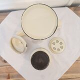 Old pale yellow enamelled coffee maker with filters