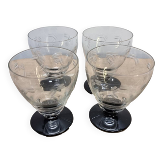 Set Of 4 Art Deco Wine Glasses With Black Base, 1930s