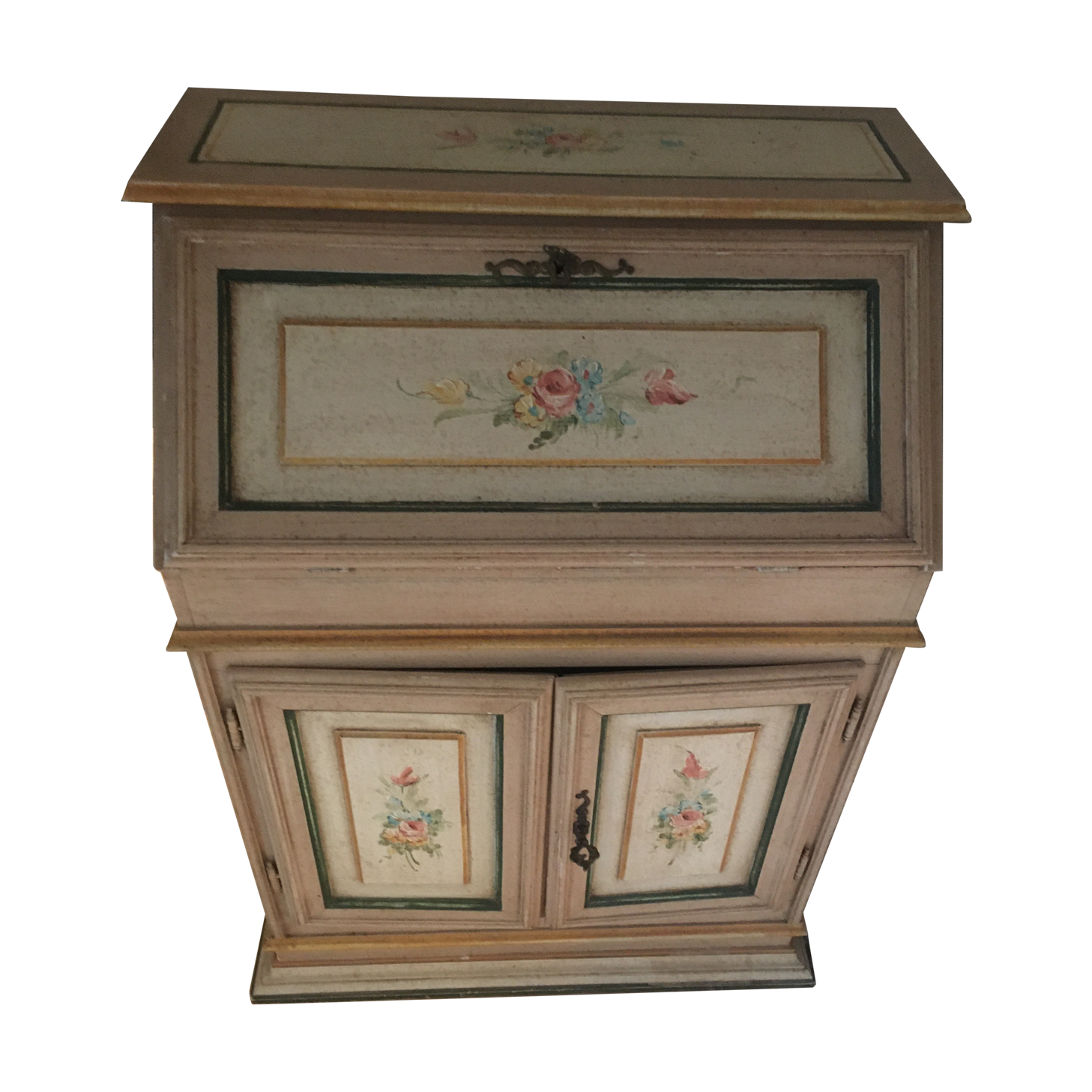 Secretary in pine, wood painted with floral patterns.