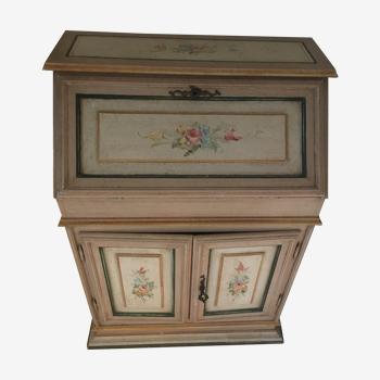 Secretary in pine, painted wood with flower patterns