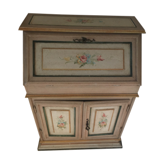 Secretary in pine, painted wood with flower patterns