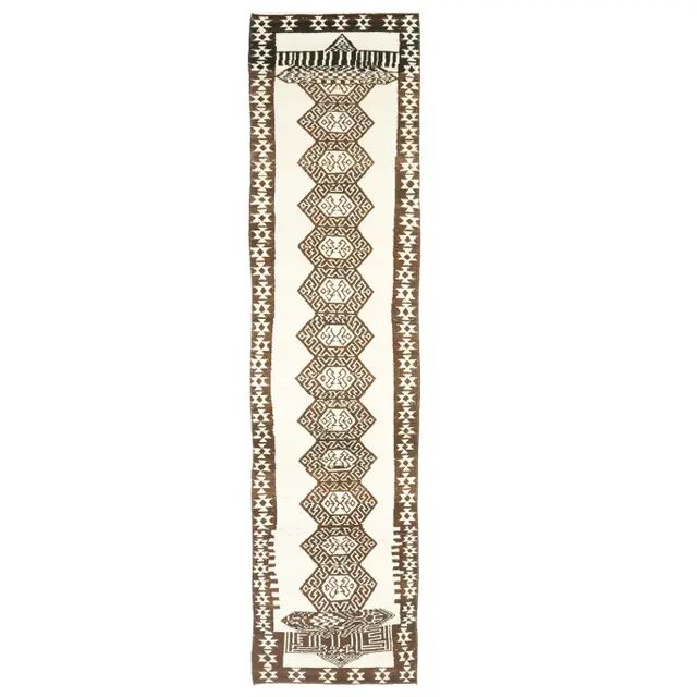 Vintage Turkish Hand-Knotted Wool Cotton White Runner Rug 78x354