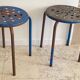 Tabouret industriel acier patine bleue & chocolat vintage
