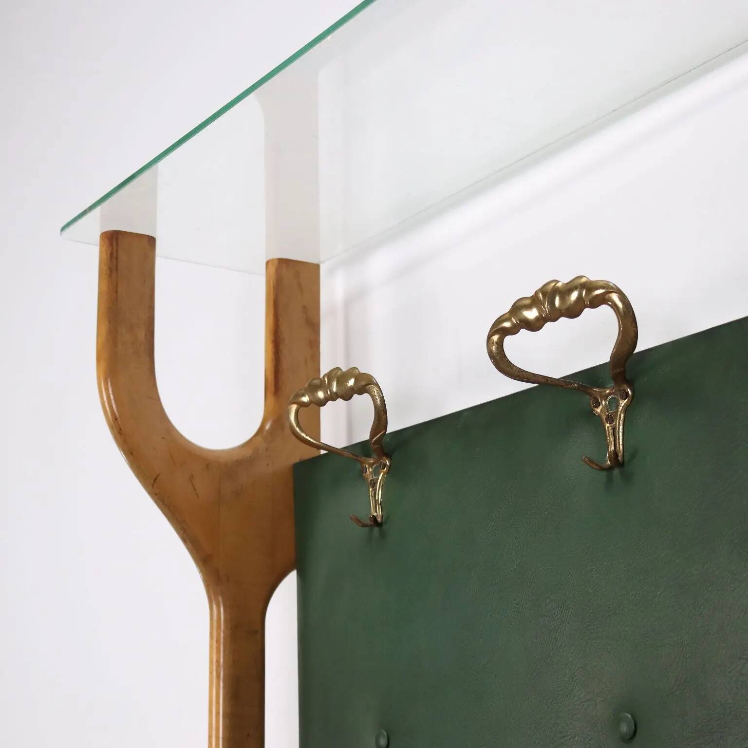 Vintage coat rack in brass, faux leather and glass, Italy, 1950s
