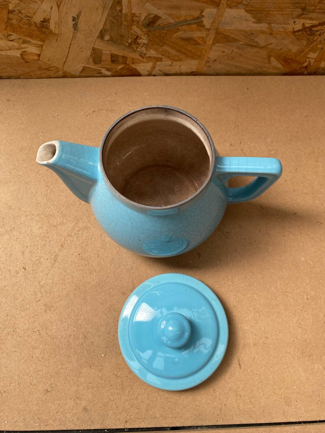 Antique Vintage Cracked Blue Ceramic Teapot