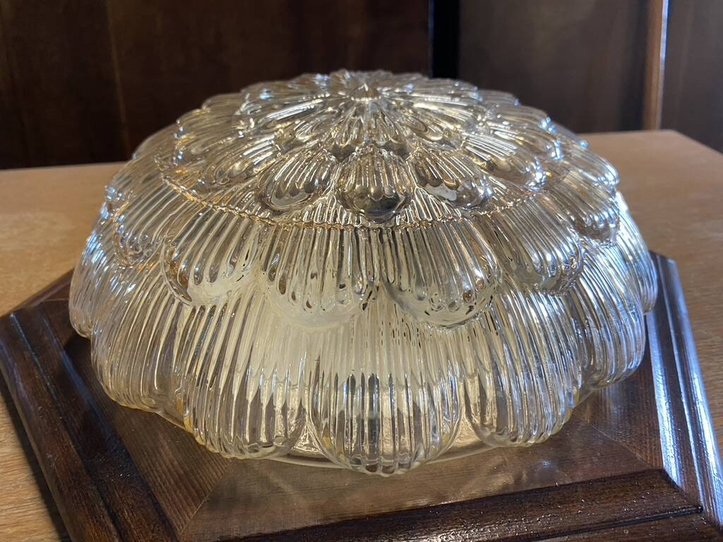 Ceiling light in molded glass and wooden surround, Massive Leuchten, Germany, vintage, 80s
