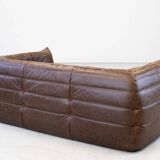 Vintage two-seater Togo sofa with arms in brown leather by Michel Ducaroy for Ligne Roset, 1970s