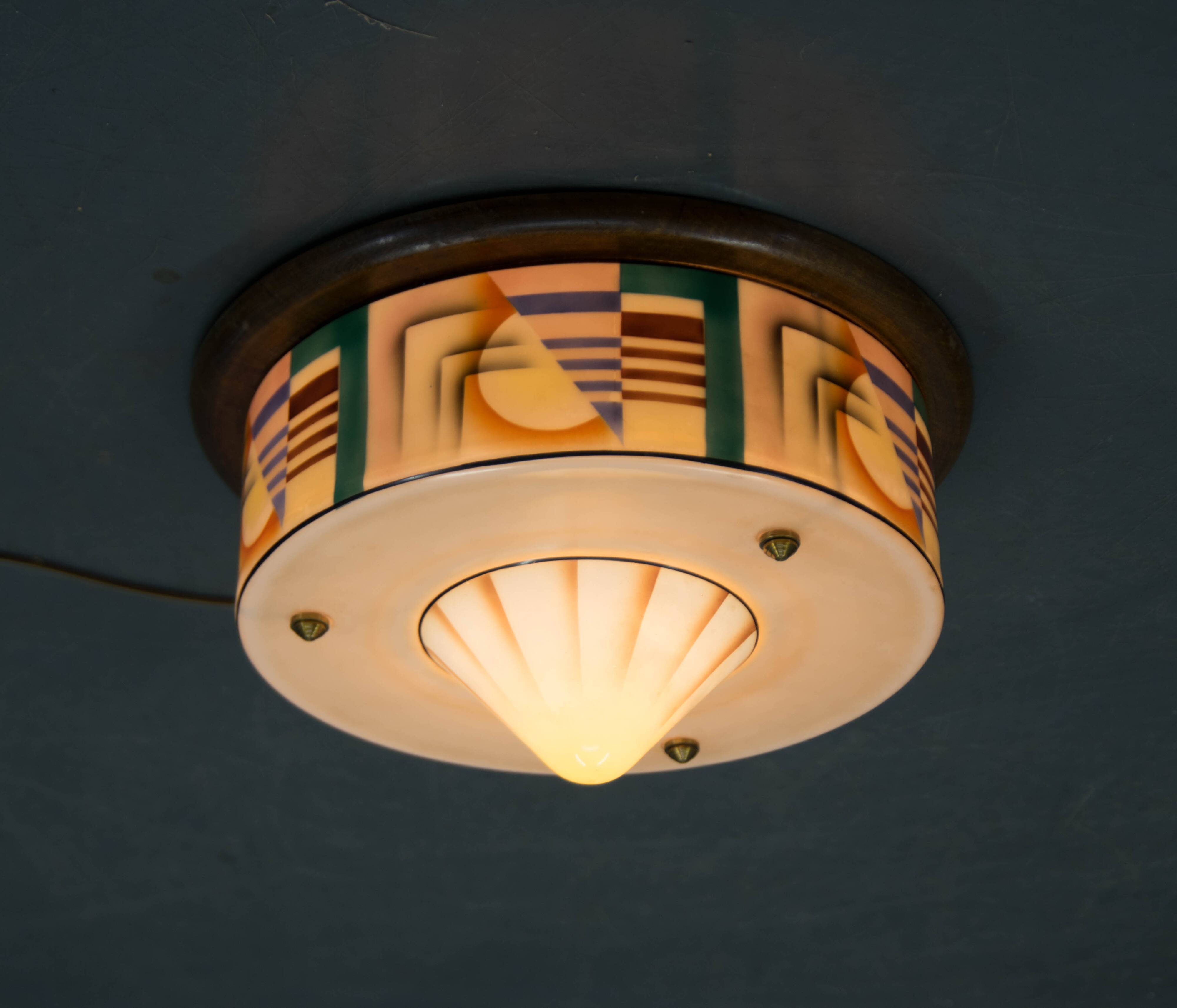 Art Deco Hand Painted Glass Flush Mount, 1920s