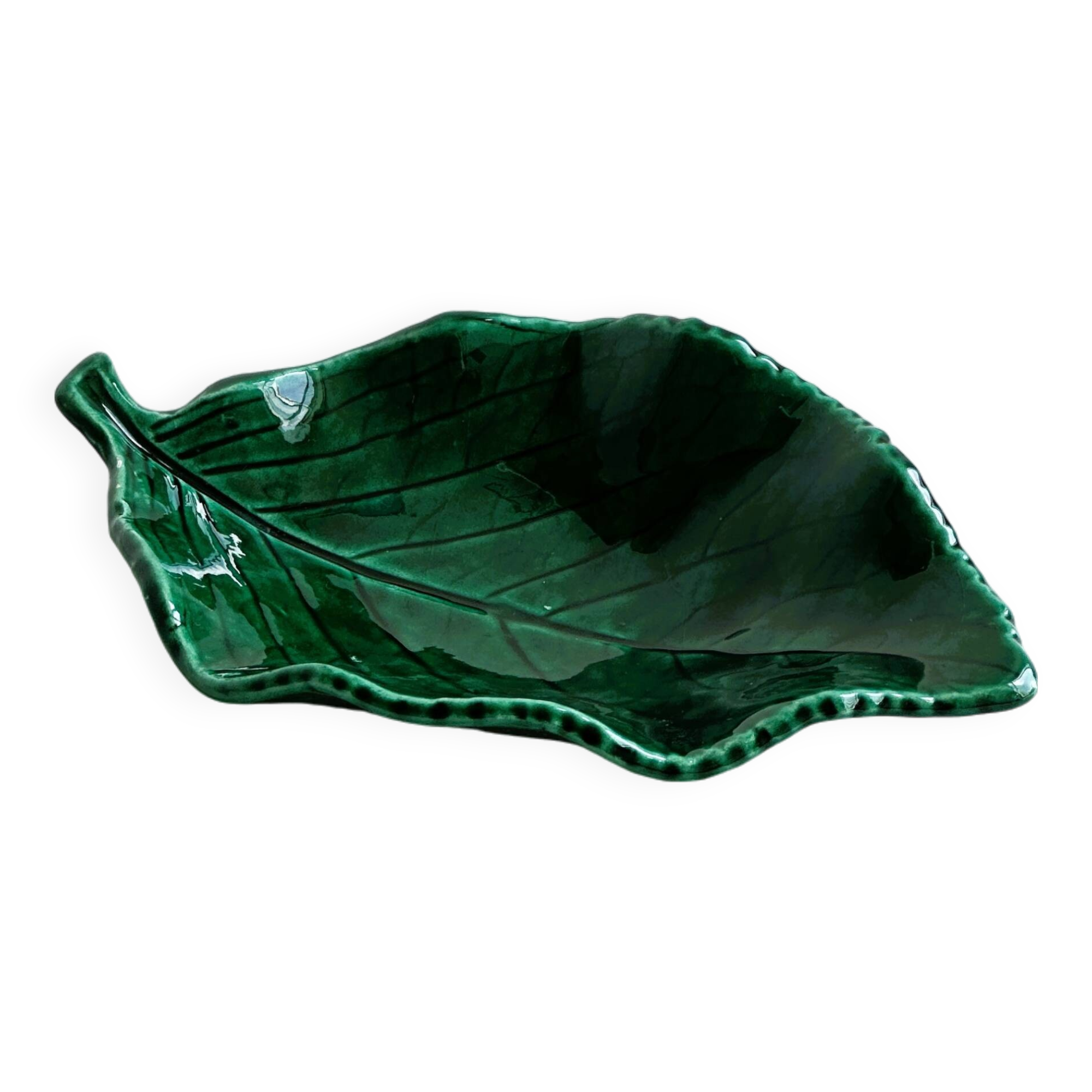 Green glazed ceramic leaf-shaped pocket emptier