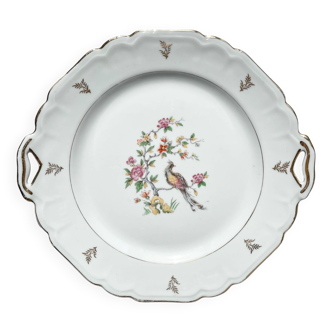 Vintage Limoges Berry porcelain cake dish with bird of paradise motif -