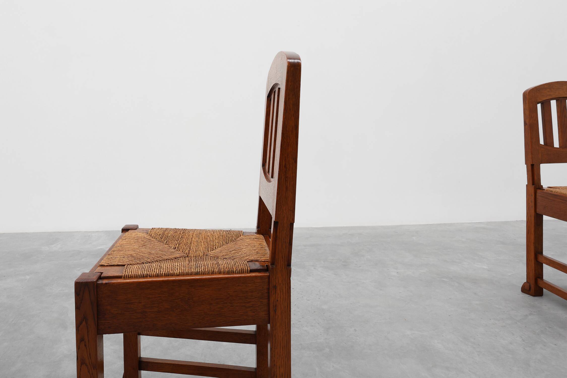 Set of 4 Early Art Deco Oak & Wicker Dining Chairs, Belgium, 1915