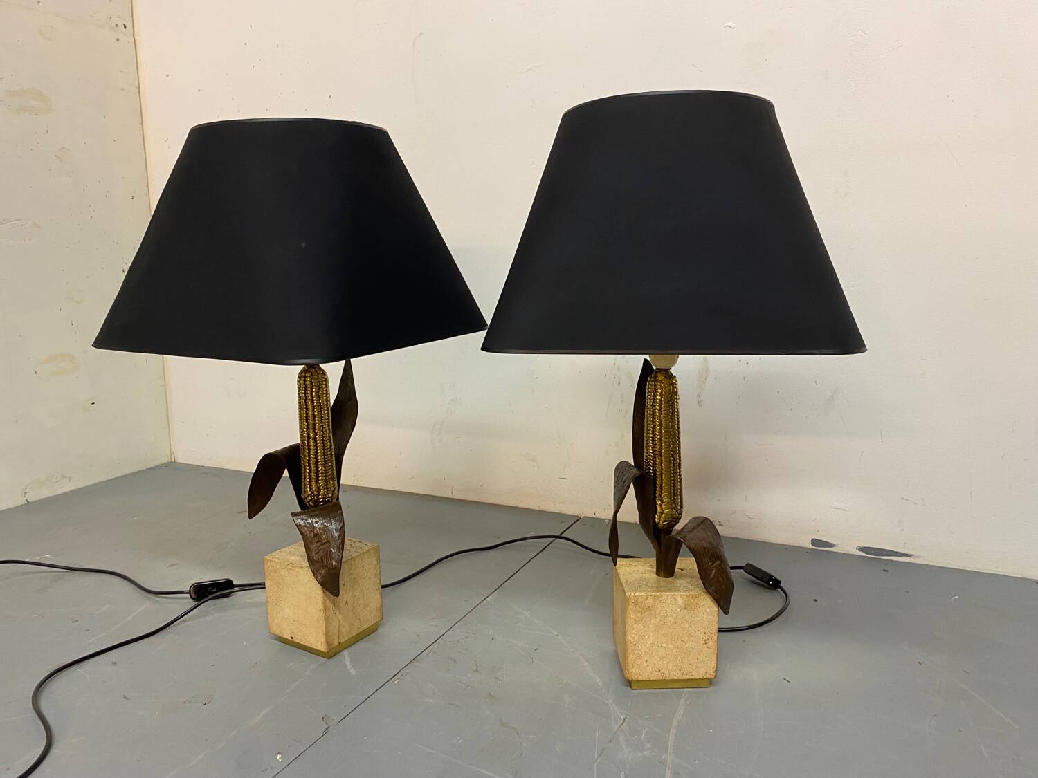 Vintage Bronze, Brass and Travertin Table Lamps in the manner of Maison Charles, 1970s, Set of 2