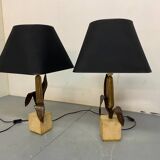 Vintage Bronze, Brass and Travertin Table Lamps in the manner of Maison Charles, 1970s, Set of 2