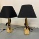 Vintage Bronze, Brass and Travertin Table Lamps in the manner of Maison Charles, 1970s, Set of 2