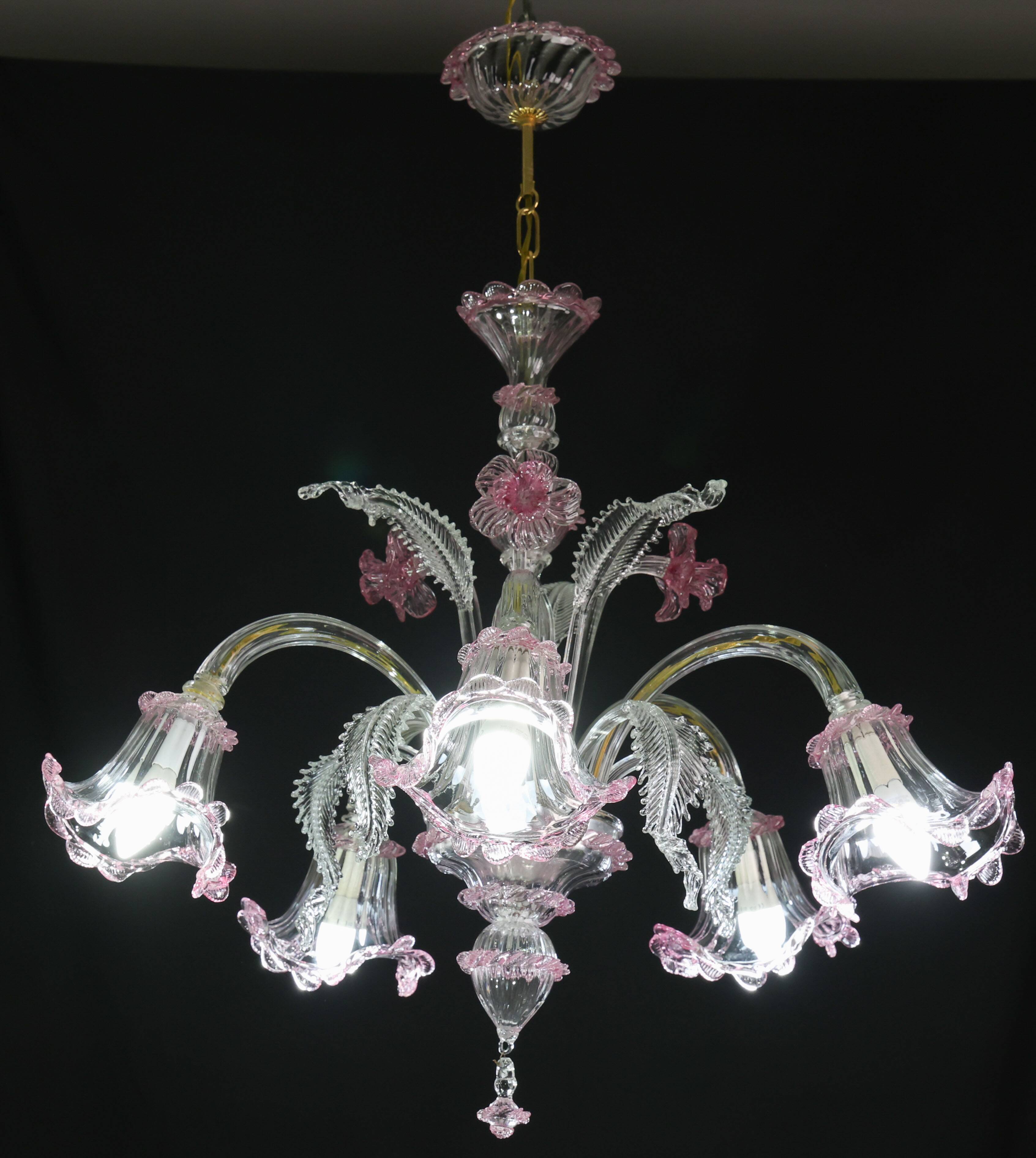 Charming Vintage Venetian Chandelier, Pink Murano Glass, 1950s