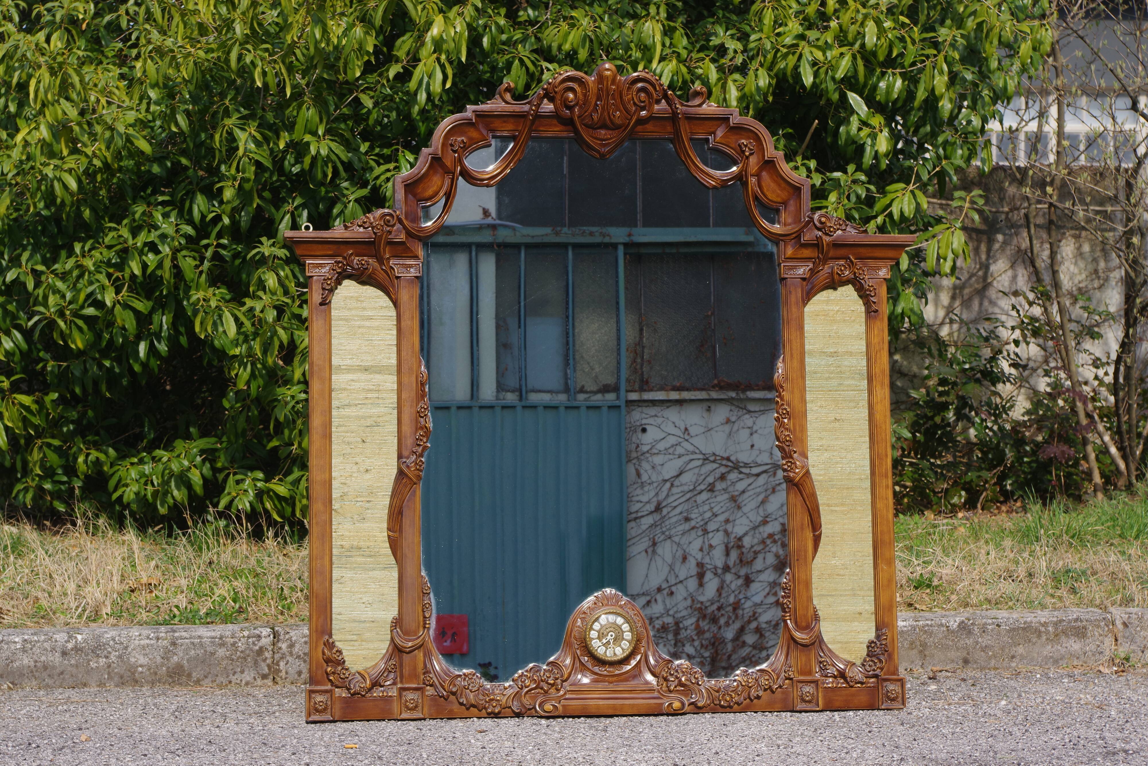 Wooden mirror with clock, 1960