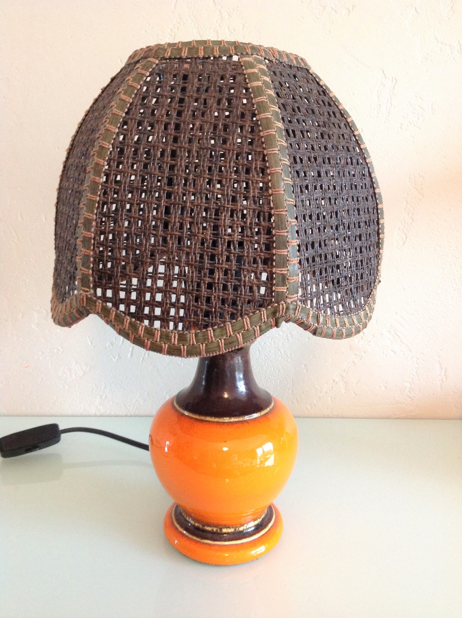 Orange ceramic lamp and brown canned lampshade by Pan Keramik / 60s-70s