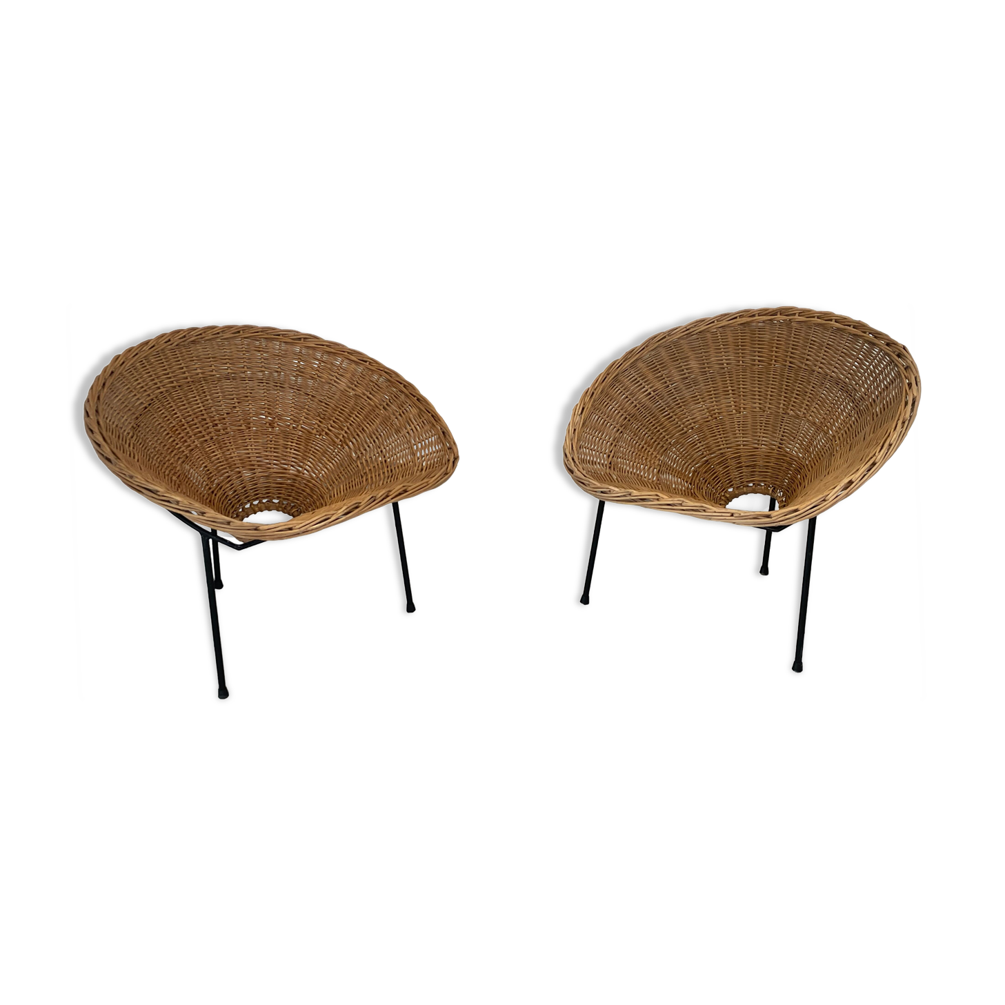 Pair of rattan and black metal armchairs, 1950s/60s