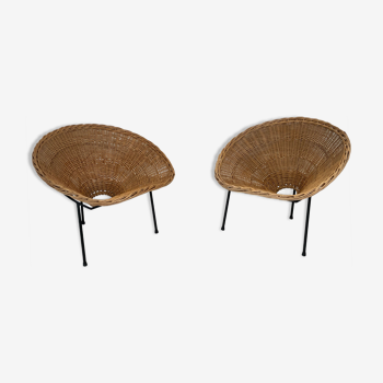 Paire de fauteuils en rotin et métal noir années 1950/60