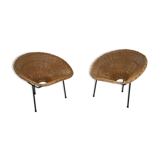 Paire de fauteuils en rotin et métal noir années 1950/60