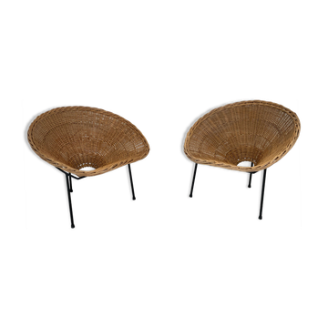 Pair of rattan and black metal armchairs, 1950s/60s