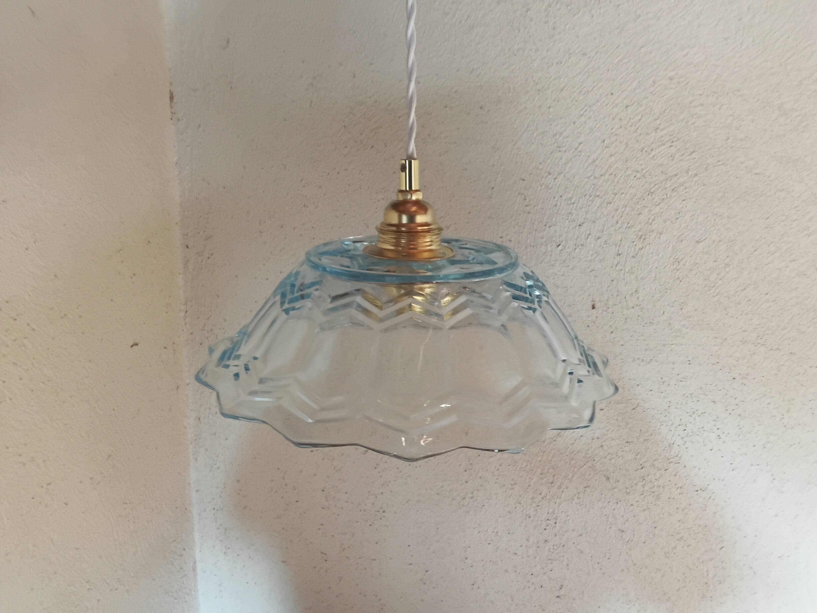 Vintage pendant light in blue chiseled glass