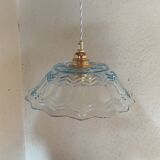 Suspension vintage en verre ciselé bleuté