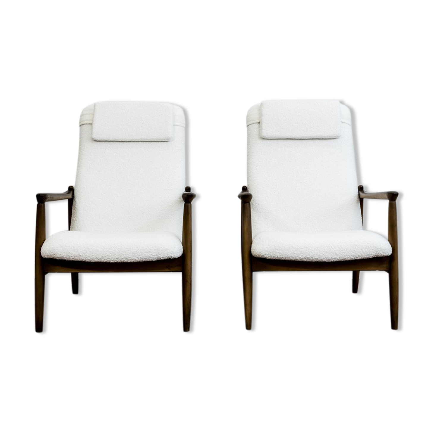 Pair of white boucle gfm 64 high back armchairs by edmund homa, 1960s