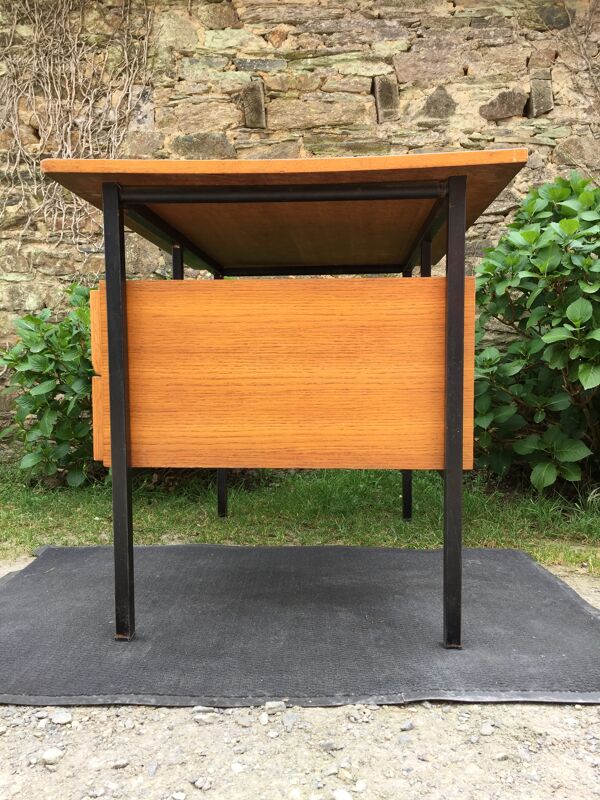 Bureau moderniste vintage en chêne et piétement tubulaire métallique