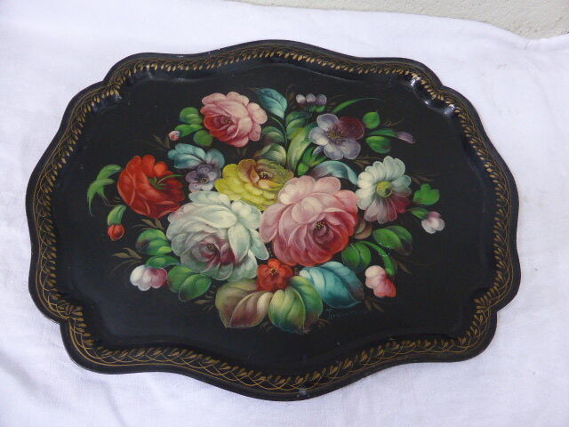 Bohemian and folk this metal tray painted with multicoloured flowers painted hand, russian vintage