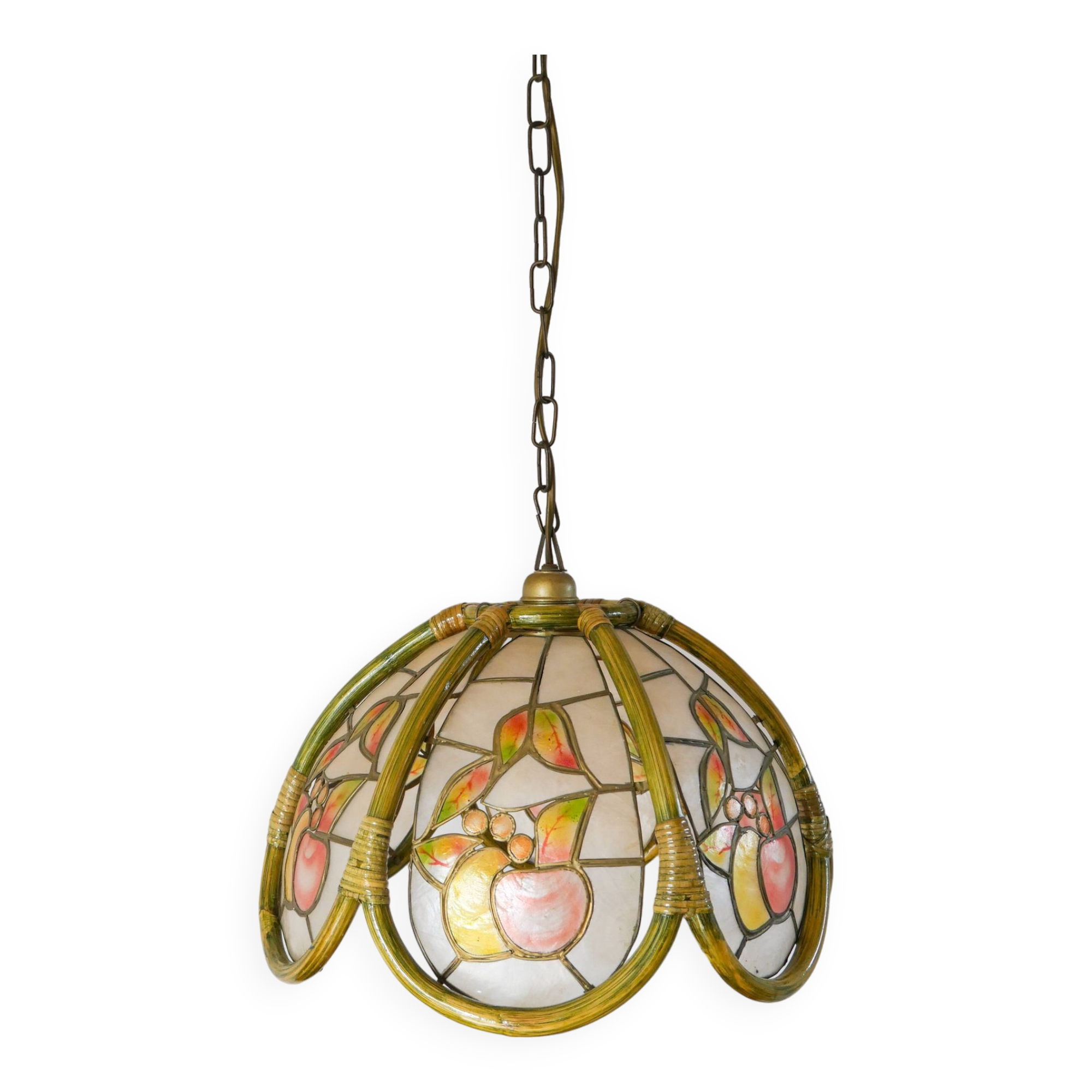 pendant lamp in rattan, bamboo, mother-of-pearl and brass 1970