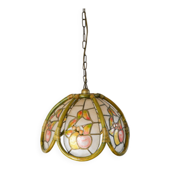 pendant lamp in rattan, bamboo, mother-of-pearl and brass 1970