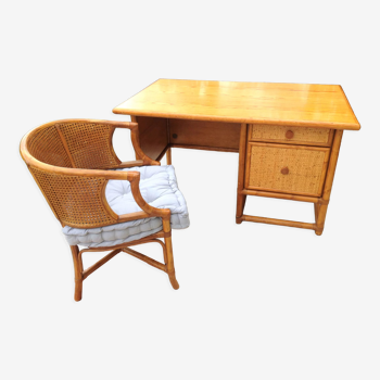 Desk in varnished pine and woven rattan with rattan armchair and canning Maugrion vintage 70s