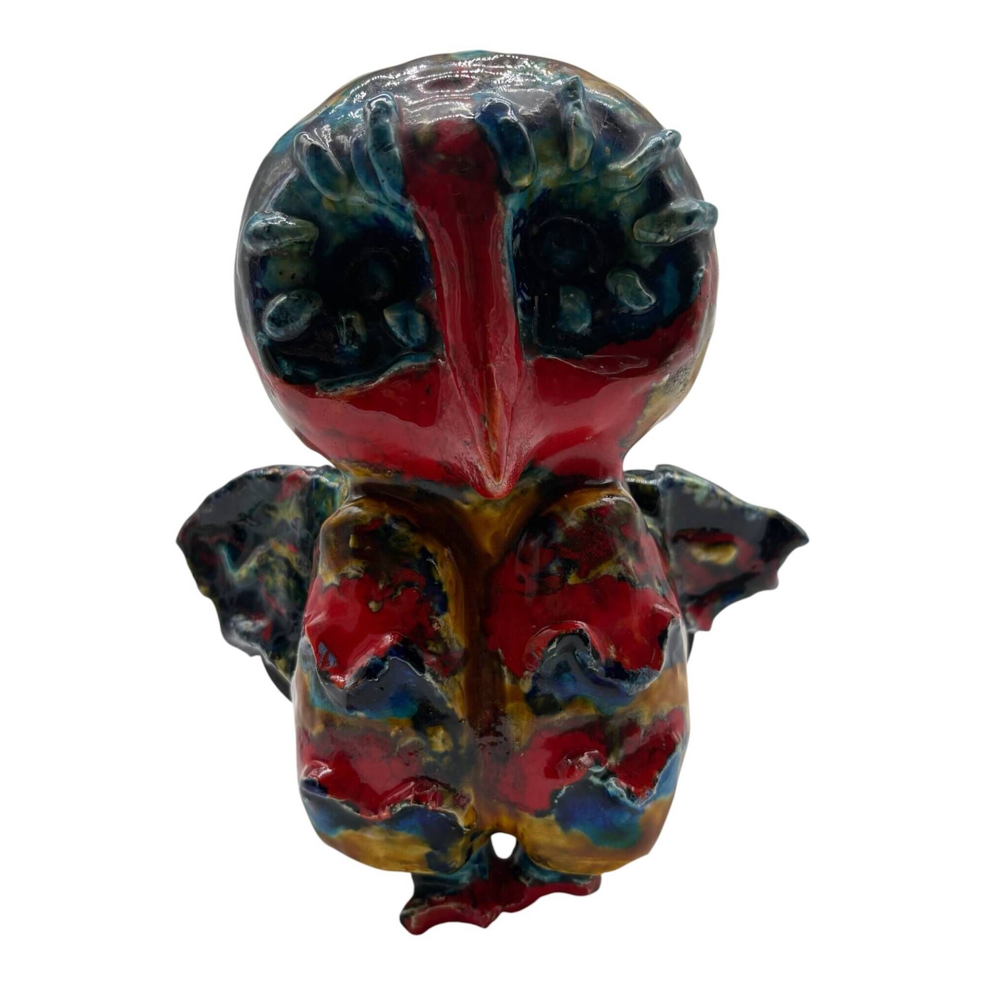 Owl Sculpture in Glazed Ceramic Dated 1991 on Wrought Iron Base